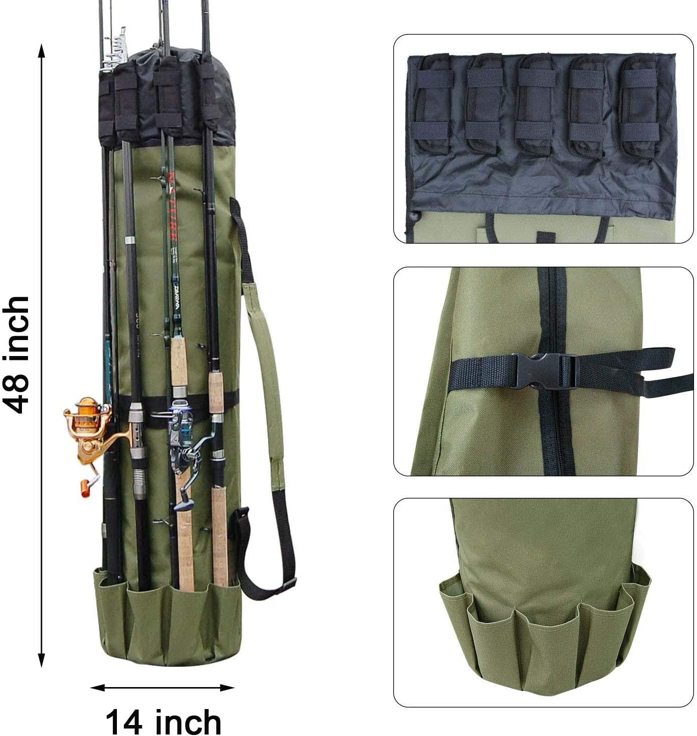 Fishing Pole Bag with Rod Holder Fishing Rod Bag Carrier Case 5 Poles Waterproof Travel Case Fishing Tackle Box Storage Bag Durable Fishing Gear Organizer Fishing Gift for Men (Khaki)