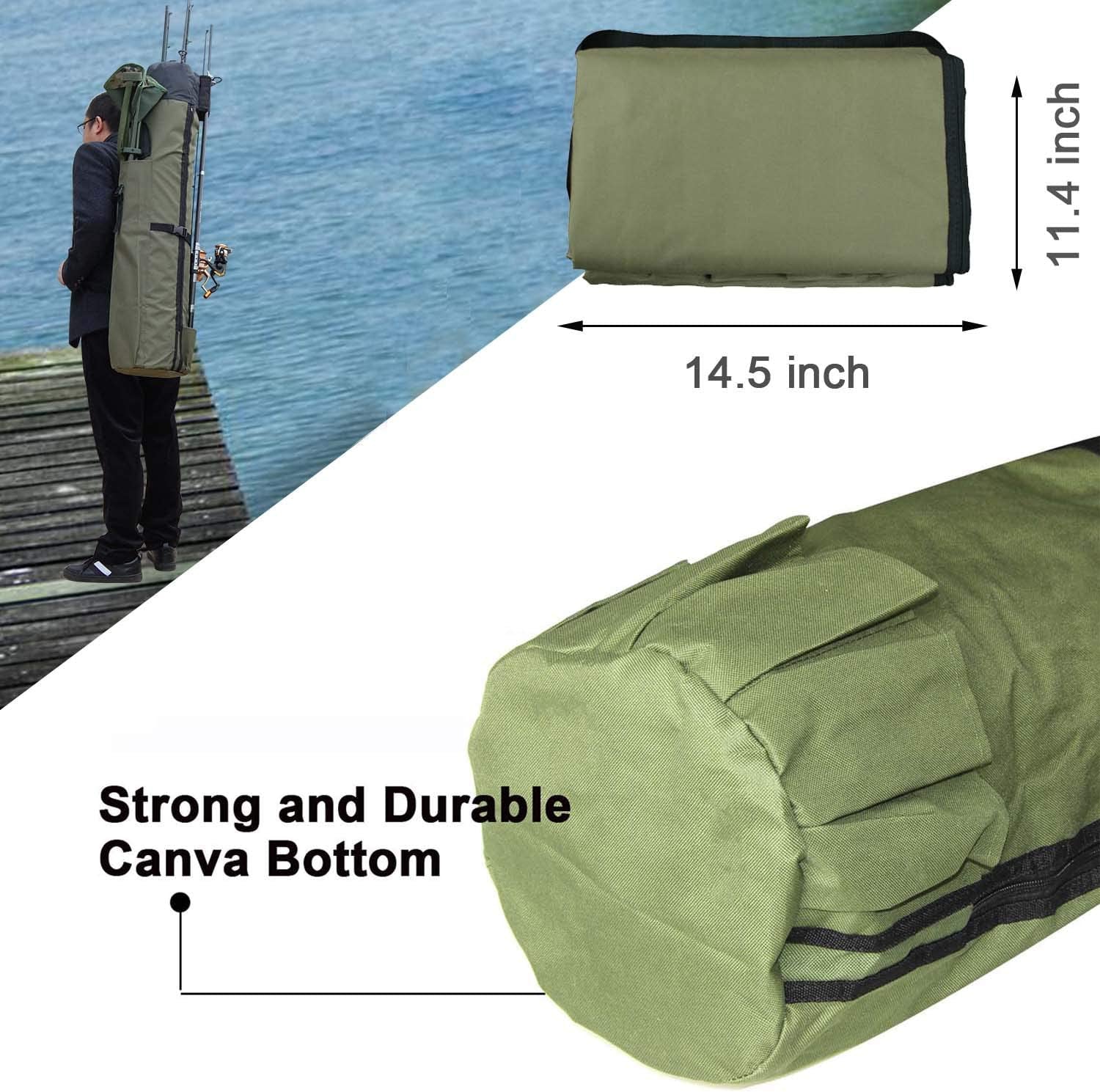 Fishing Pole Bag with Rod Holder Fishing Rod Bag Carrier Case 5 Poles Waterproof Travel Case Fishing Tackle Box Storage Bag Durable Fishing Gear Organizer Fishing Gift for Men (Khaki)