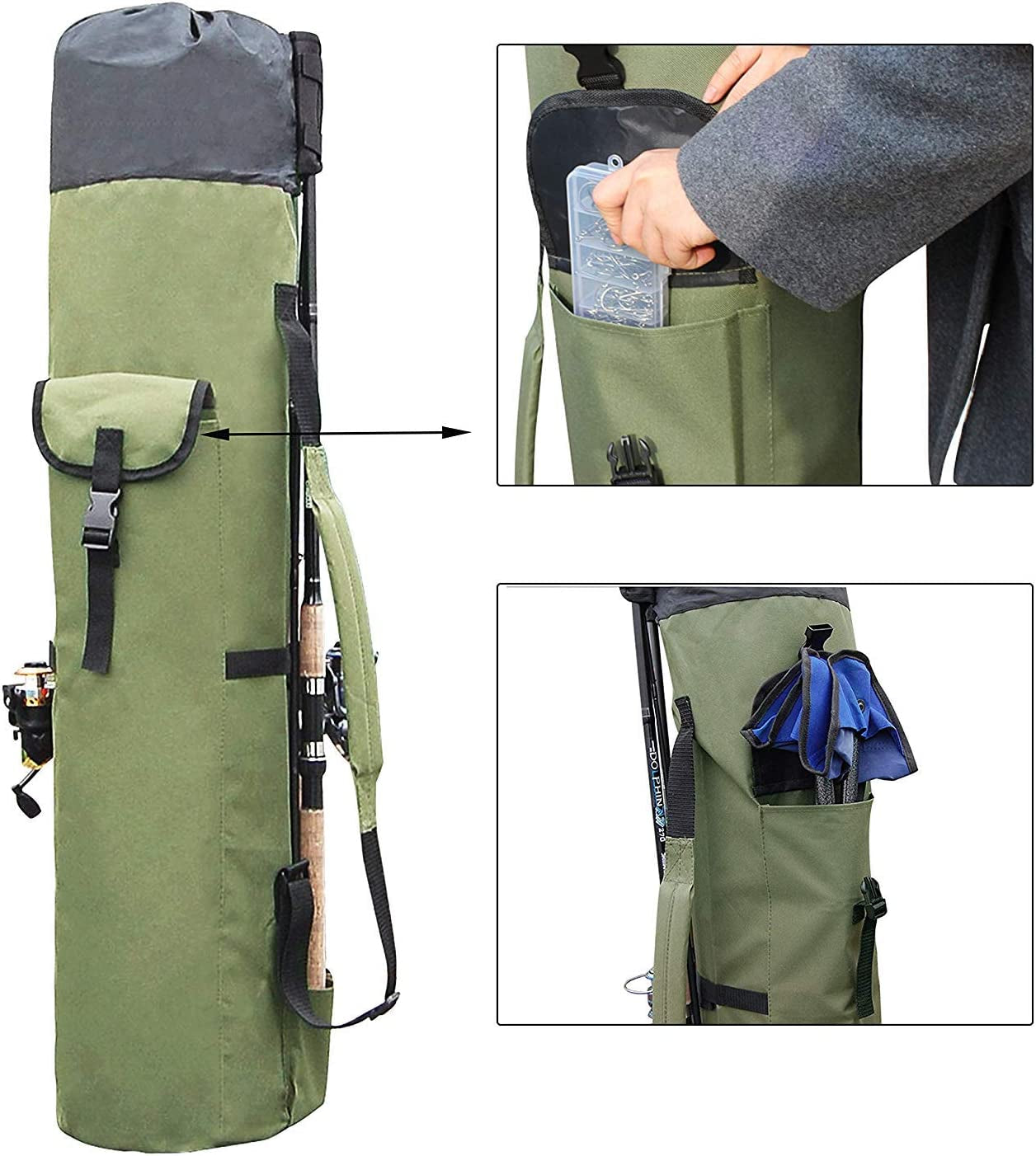 Fishing Pole Bag with Rod Holder Fishing Rod Bag Carrier Case 5 Poles Waterproof Travel Case Fishing Tackle Box Storage Bag Durable Fishing Gear Organizer Fishing Gift for Men (Khaki)