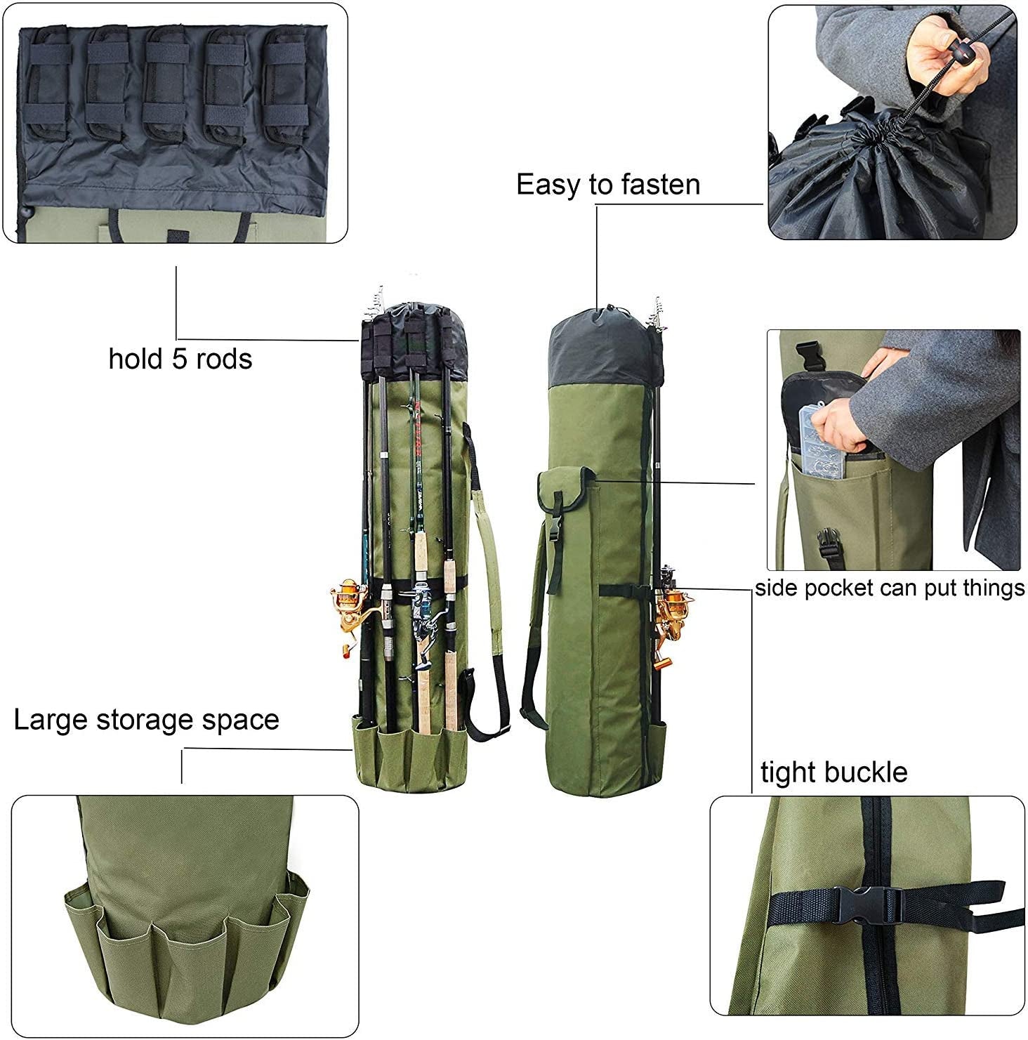 Fishing Pole Bag with Rod Holder Fishing Rod Bag Carrier Case 5 Poles Waterproof Travel Case Fishing Tackle Box Storage Bag Durable Fishing Gear Organizer Fishing Gift for Men (Khaki)